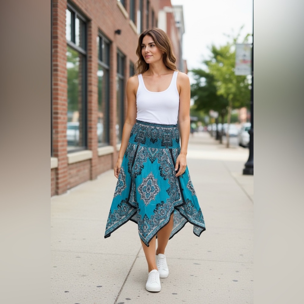 Cache S M L Skirt Teal Blue Paisley Bandana Handkerchief Hem Boho Y2K Retro